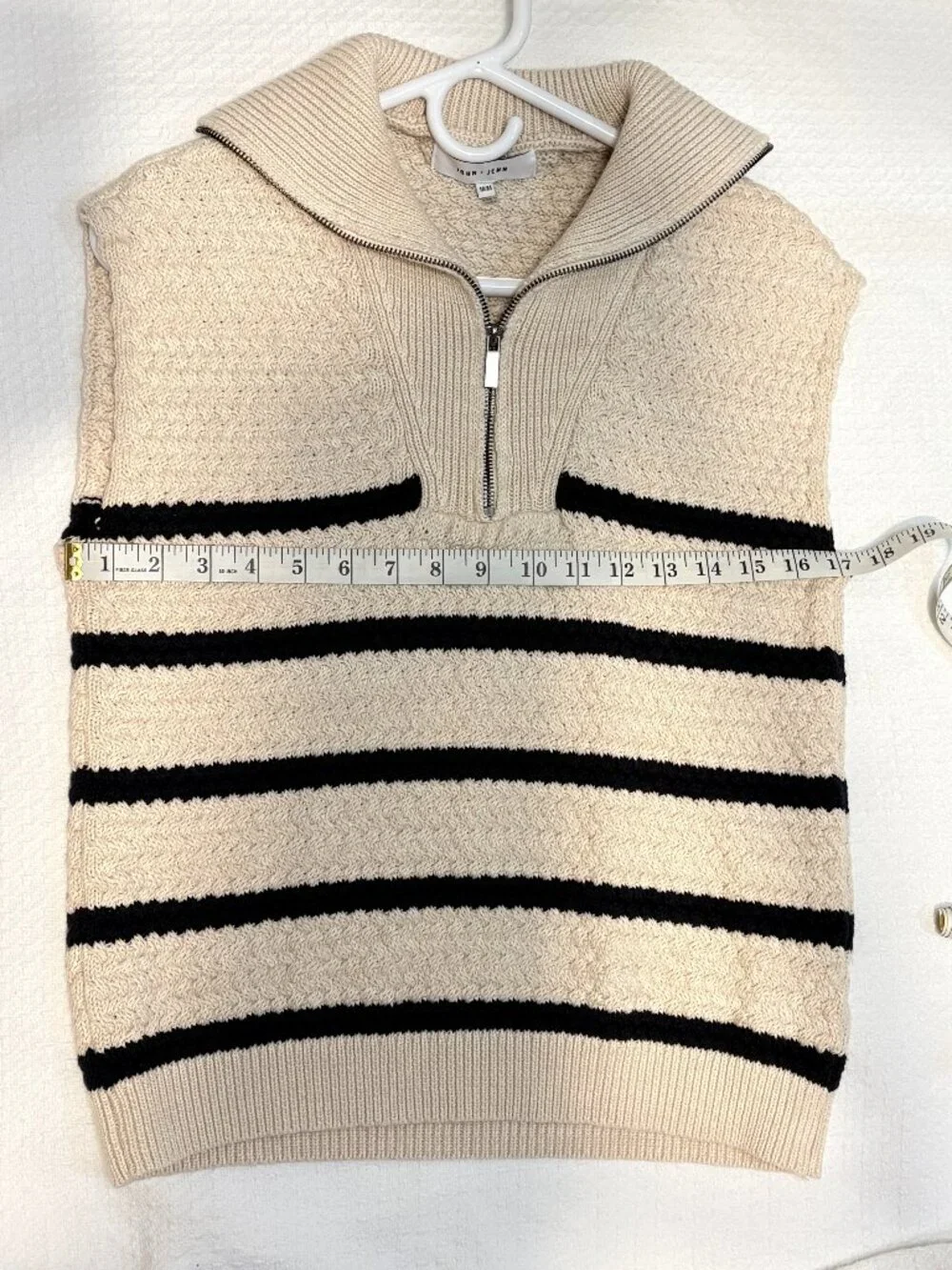 John + Jenn 100% Cotton Quarter Zip Sweater Vest Cream Black Stripe Size Medium
